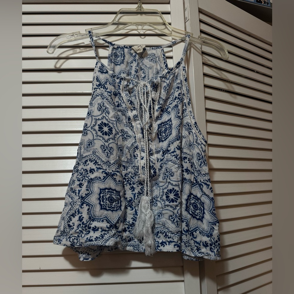 Pacsun Me To We Blue & White Tassel Floral Paisley Design Tank Top Strappy Tie S